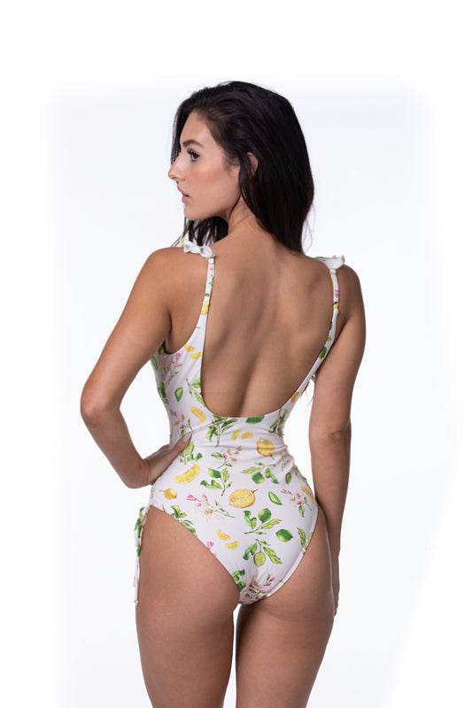 LEMON PRINT RUFFLE TRIM CUTOUT ONE PIECE SWIM - One Revolver Surfboards