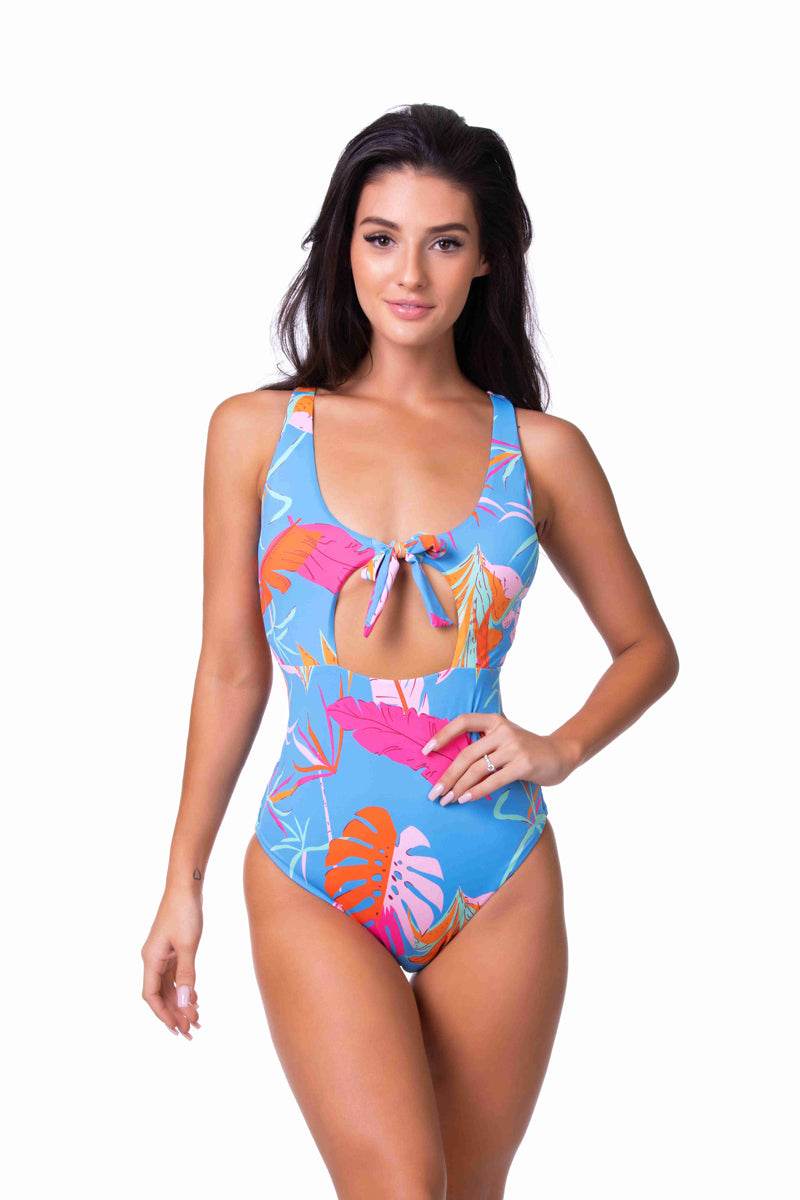 BLUE TROPICAL CUTOUT ONE PIECE SWIMSUIT - One Revolver Surfboards
