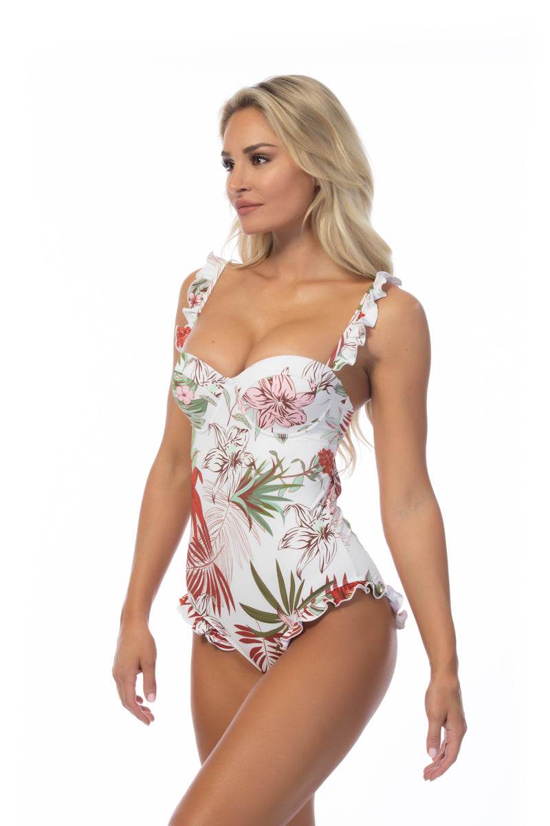 TROPICAL RUFFLE TRIM UNDERWIRE ONE PIECE SWIMSUIT - One Revolver Surfboards