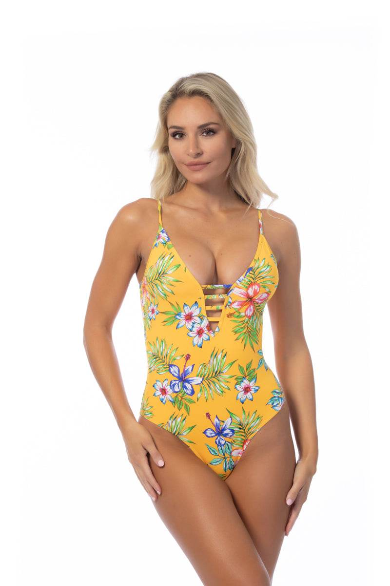YELLOW ISLAND PRINT ONE PIECE SWIMSUIT - One Revolver Surfboards