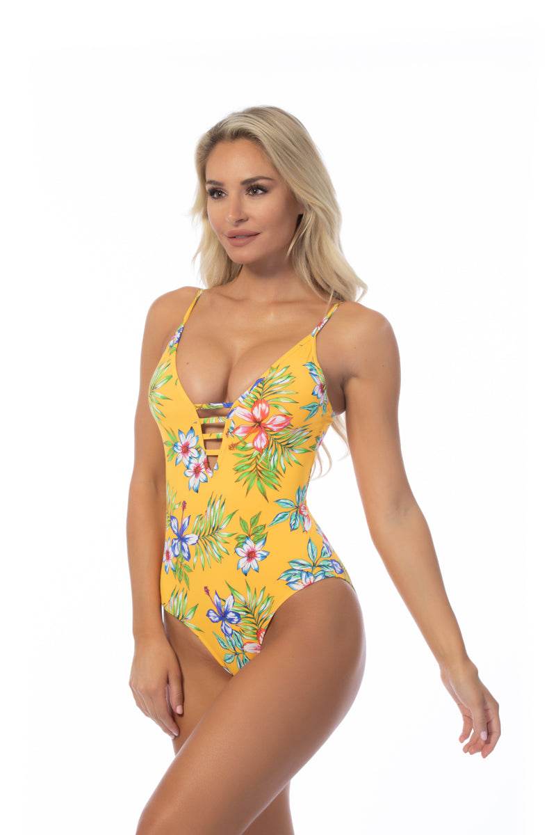 YELLOW ISLAND PRINT ONE PIECE SWIMSUIT - One Revolver Surfboards