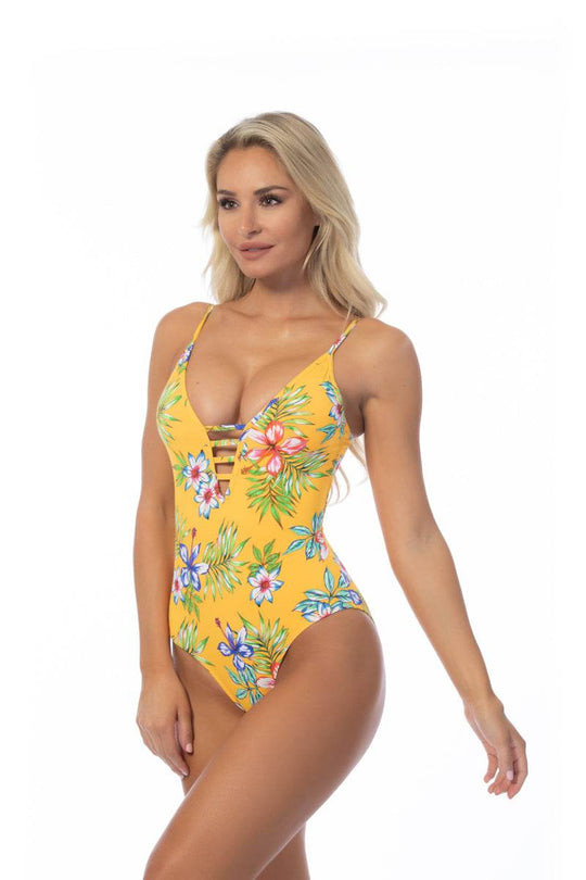 YELLOW ISLAND PRINT ONE PIECE SWIMSUIT - One Revolver Surfboards