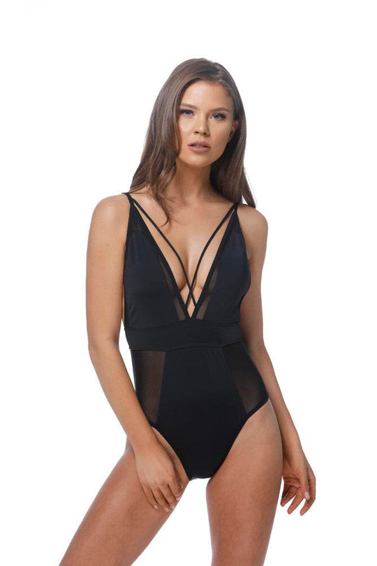 SOLID BLACK MESH INSERTS SEXY ONE PIECE SWIMSUIT - One Revolver Surfboards