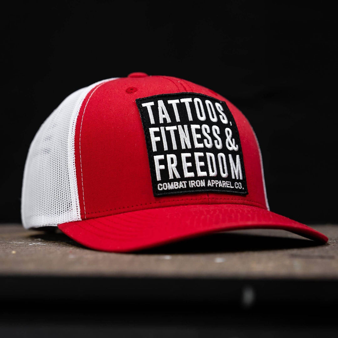 Tattoos, Fitness, & Freedom Black Patch Mid-Profile Mesh Snapback Hat - One Revolver Surfboards