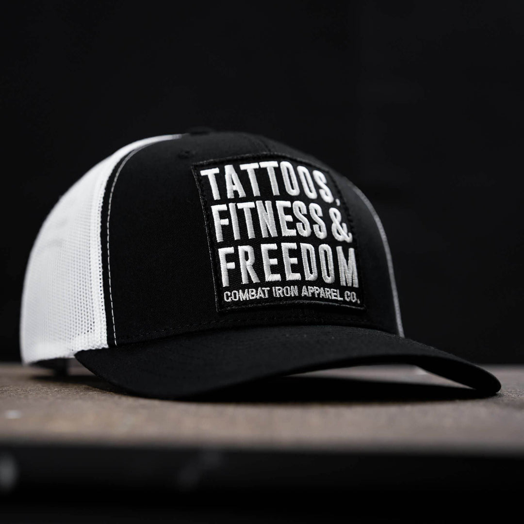 Tattoos, Fitness, & Freedom Black Patch Mid-Profile Mesh Snapback Hat - One Revolver Surfboards