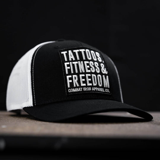 Tattoos, Fitness, & Freedom Black Patch Mid-Profile Mesh Snapback Hat - One Revolver Surfboards
