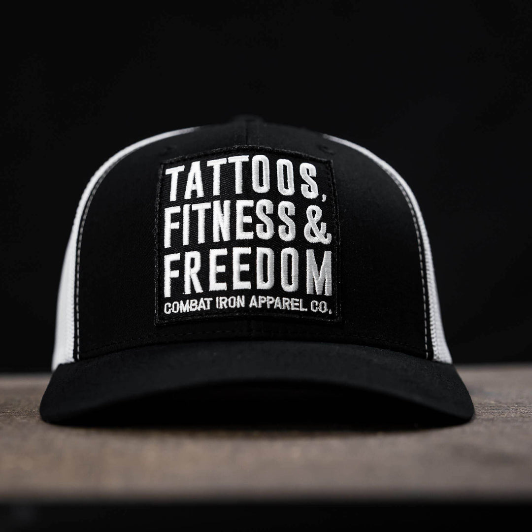 Tattoos, Fitness, & Freedom Black Patch Mid-Profile Mesh Snapback Hat - One Revolver Surfboards