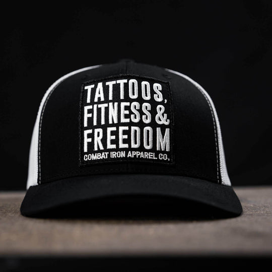 Tattoos, Fitness, & Freedom Black Patch Mid-Profile Mesh Snapback Hat - One Revolver Surfboards