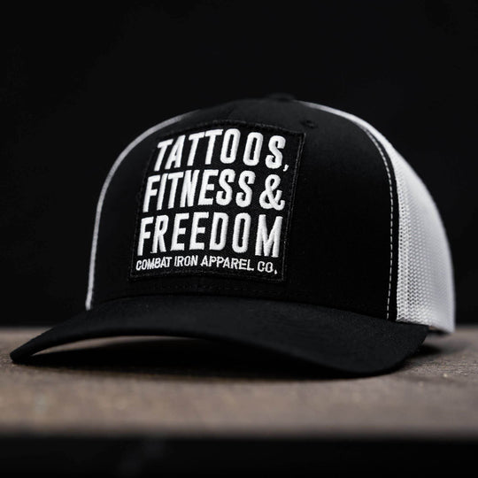 Tattoos, Fitness, & Freedom Black Patch Mid-Profile Mesh Snapback Hat - One Revolver Surfboards