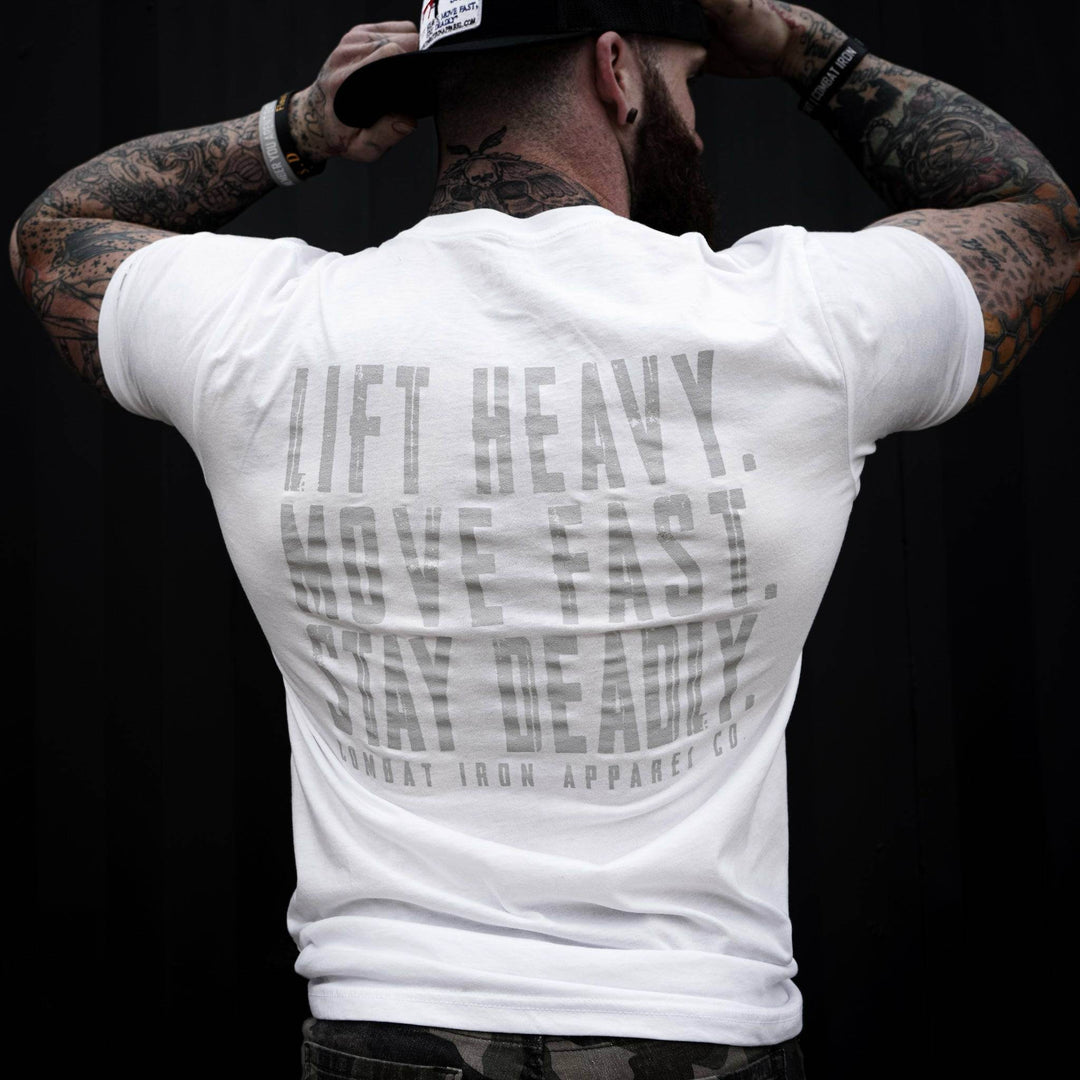 Original Motto: Lift Heavy. Move Fast. Stay Deadly. Men's T-Shirt - One Revolver Surfboards