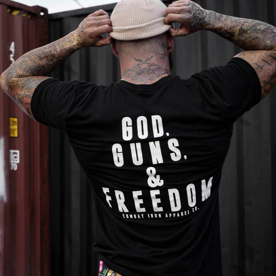 GOD, GUNS, & FREEDOM Men's T-Shirt - GRAPHIC T-SHIRT - One Revolver Surfboards