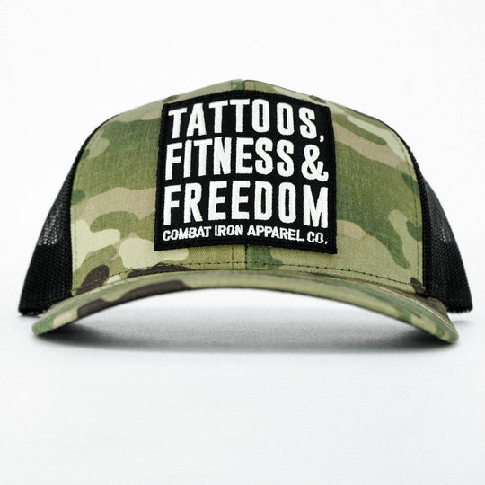 Tattoos, Fitness, & Freedom Black Patch Mid-Profile Mesh Snapback Hat - One Revolver Surfboards