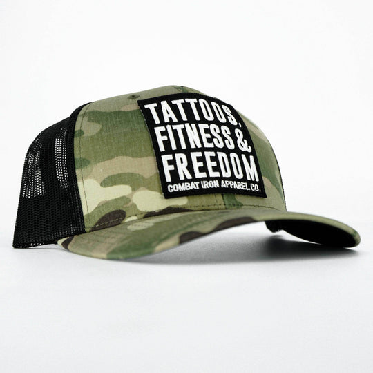 Tattoos, Fitness, & Freedom Black Patch Mid-Profile Mesh Snapback Hat - One Revolver Surfboards