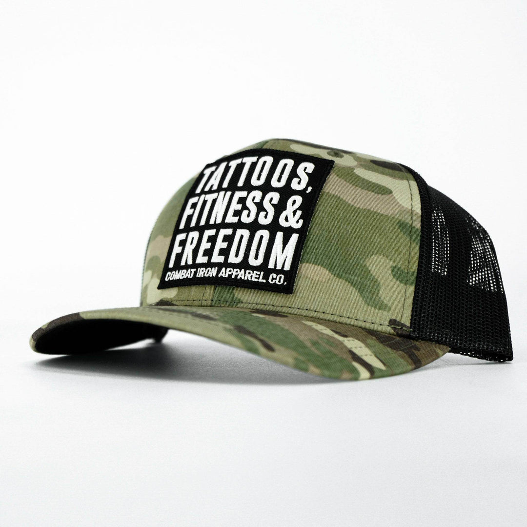 Tattoos, Fitness, & Freedom Black Patch Mid-Profile Mesh Snapback Hat - One Revolver Surfboards