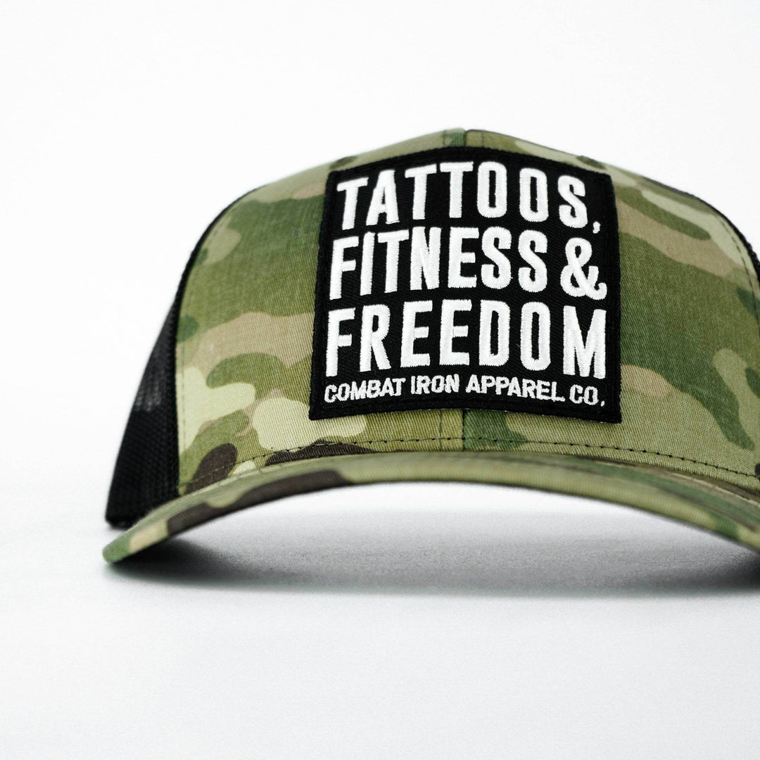 Tattoos, Fitness, & Freedom Black Patch Mid-Profile Mesh Snapback Hat - One Revolver Surfboards