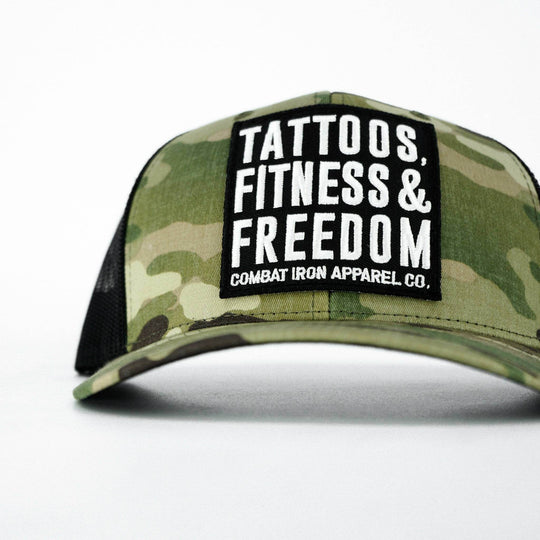 Tattoos, Fitness, & Freedom Black Patch Mid-Profile Mesh Snapback Hat - One Revolver Surfboards