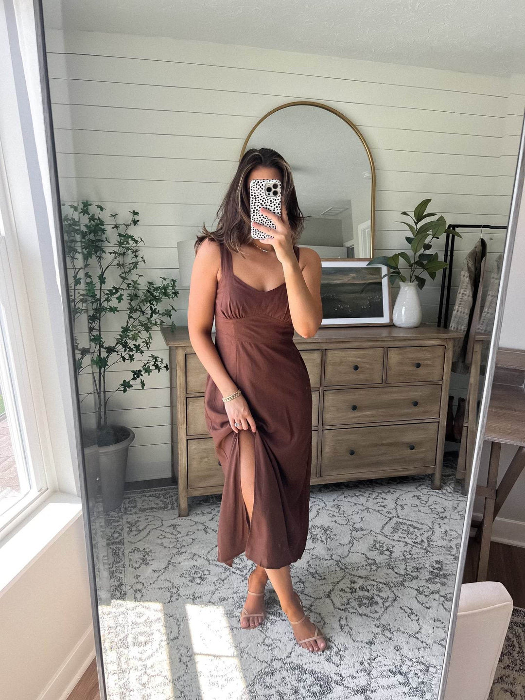 Brown V Neck Linen Midi Dress - One Revolver Surfboards