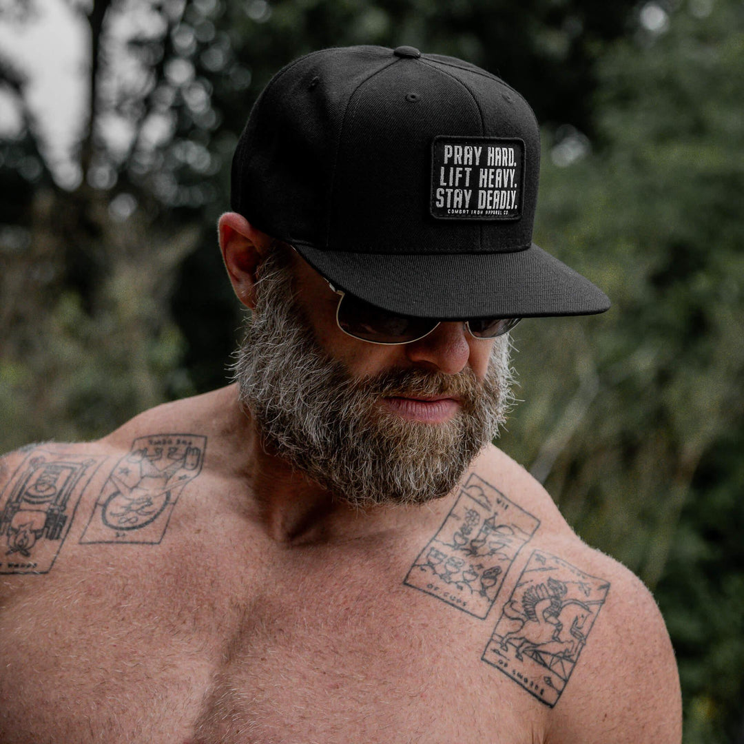One Revolver Surfboards - Pray Hard. Lift Heavy. Stay Deadly. Flat Bill SnapBack Hat HEADWEAR