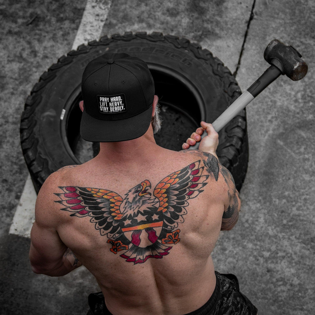 One Revolver Surfboards - Pray Hard. Lift Heavy. Stay Deadly. Flat Bill SnapBack Hat HEADWEAR