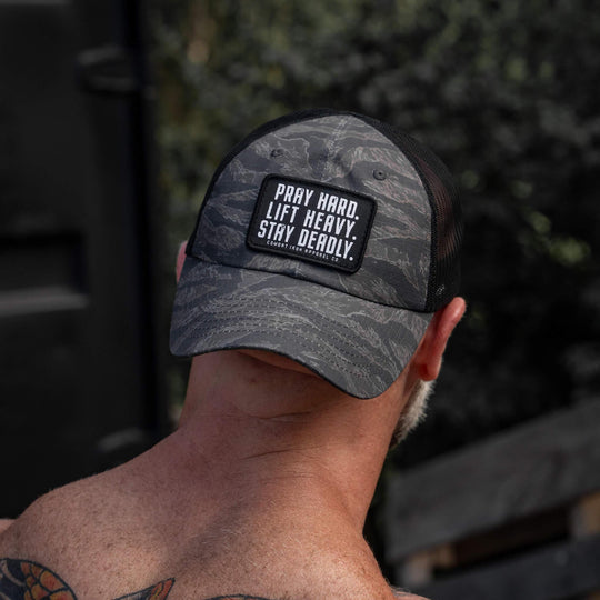 One Revolver Surfboards - Pray Hard. Lift Heavy. Stay Deadly. Patch Tactical Ripstop Mesh Snapback Hat HEADWEAR
