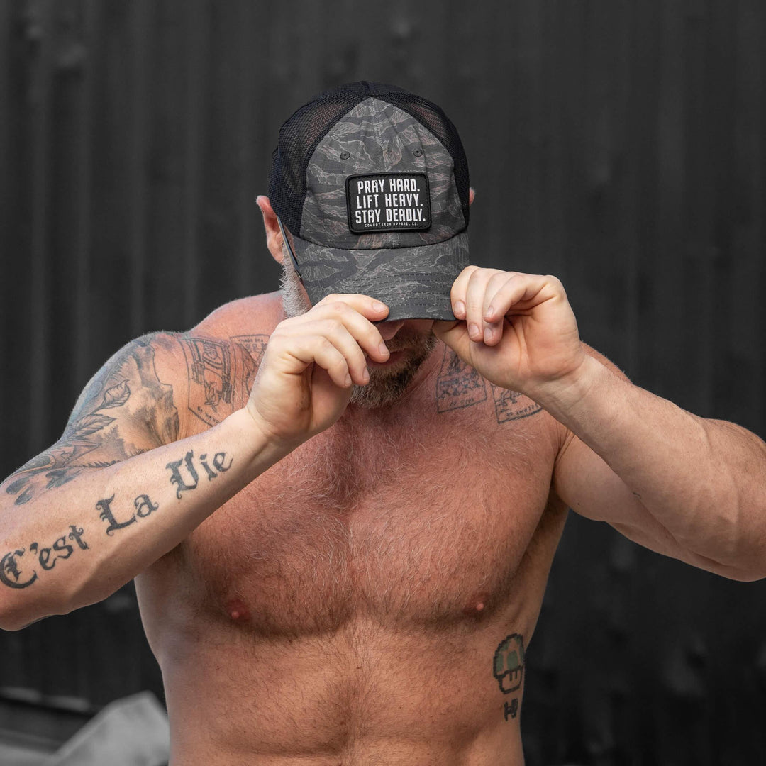 One Revolver Surfboards - Pray Hard. Lift Heavy. Stay Deadly. Patch Tactical Ripstop Mesh Snapback Hat HEADWEAR