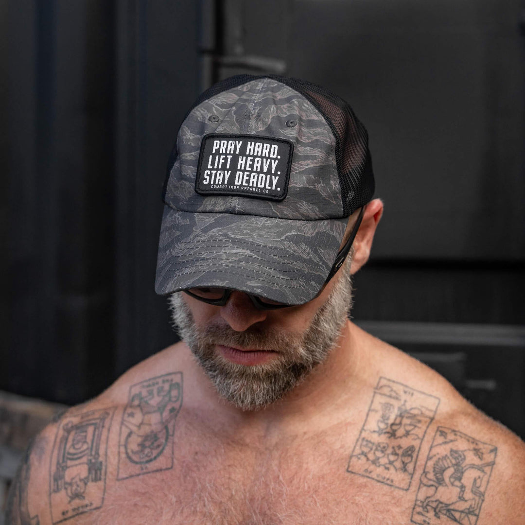 One Revolver Surfboards - Pray Hard. Lift Heavy. Stay Deadly. Patch Tactical Ripstop Mesh Snapback Hat HEADWEAR