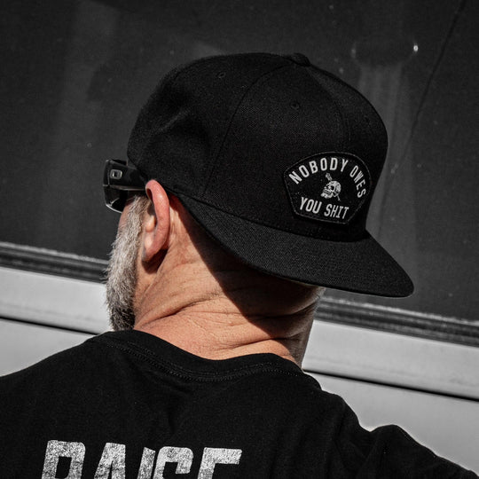 One Revolver Surfboards - Nobody Owes You Shit Arched Patch Flatbill SnapBack Hat HEADWEAR