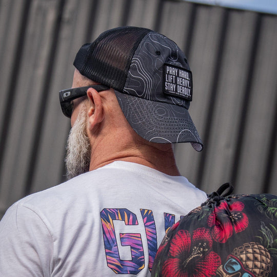 One Revolver Surfboards - Pray Hard. Lift Heavy. Stay Deadly. Patch Tactical Ripstop Mesh Snapback Hat HEADWEAR