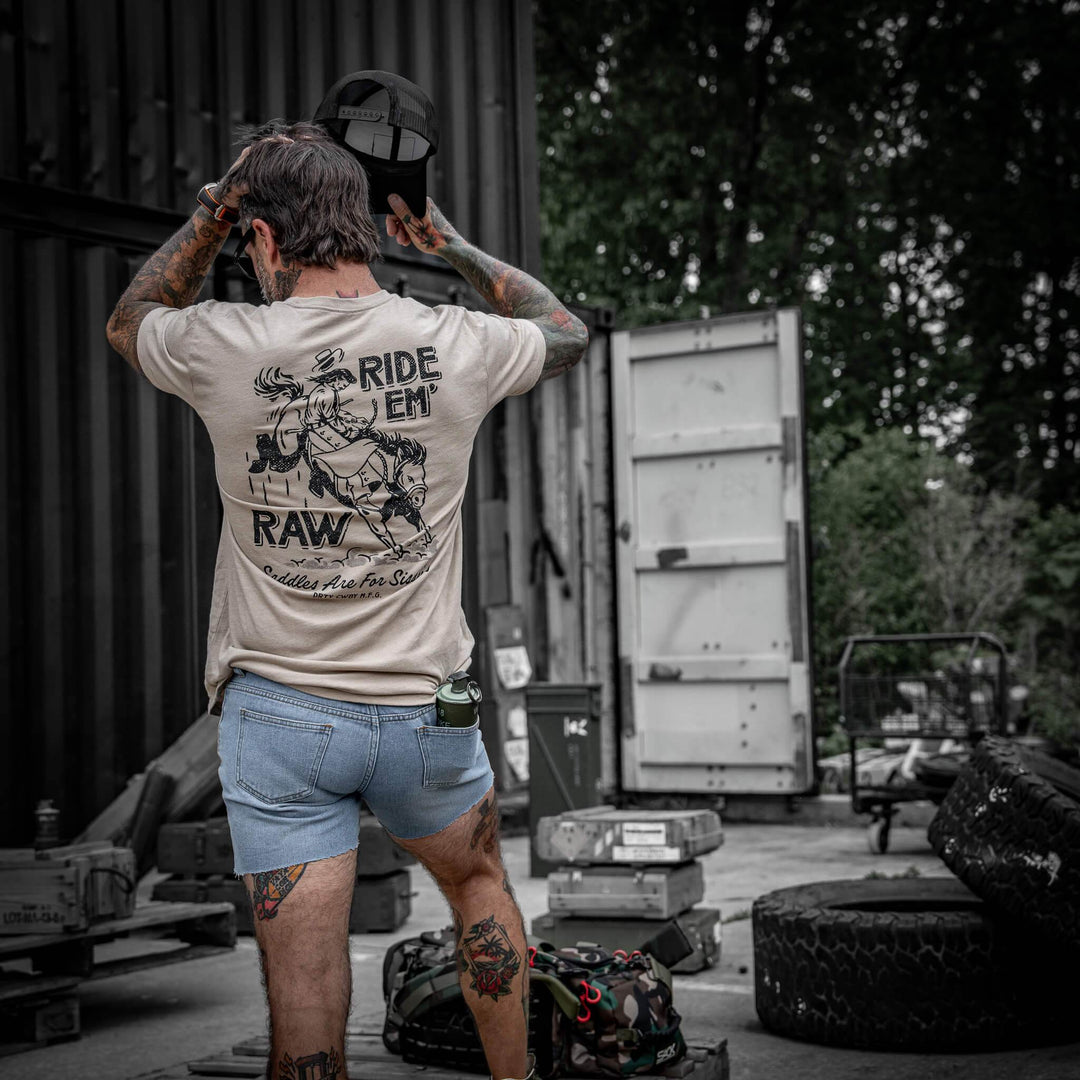Ride 'Em Raw - Saddles Are For Sissy's Men's T-Shirt - One Revolver Surfboards