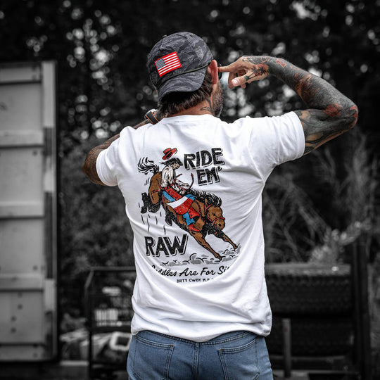 Ride 'Em Raw - Saddles Are For Sissy's Men's T-Shirt - One Revolver Surfboards