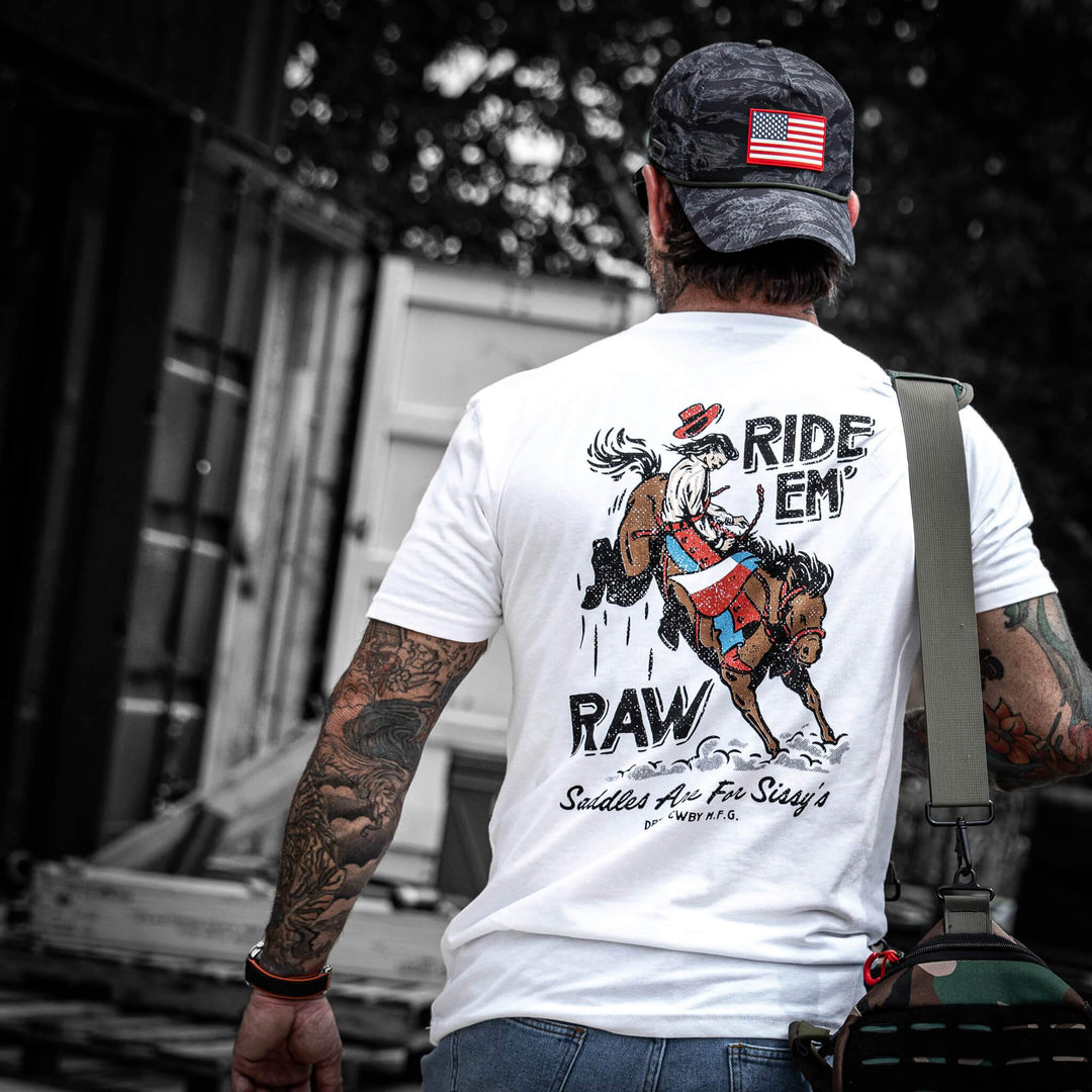 Ride 'Em Raw - Saddles Are For Sissy's Men's T-Shirt - One Revolver Surfboards