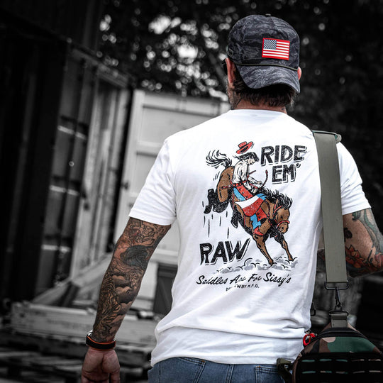 Ride 'Em Raw - Saddles Are For Sissy's Men's T-Shirt - GRAPHIC T-SHIRT - One Revolver Surfboards