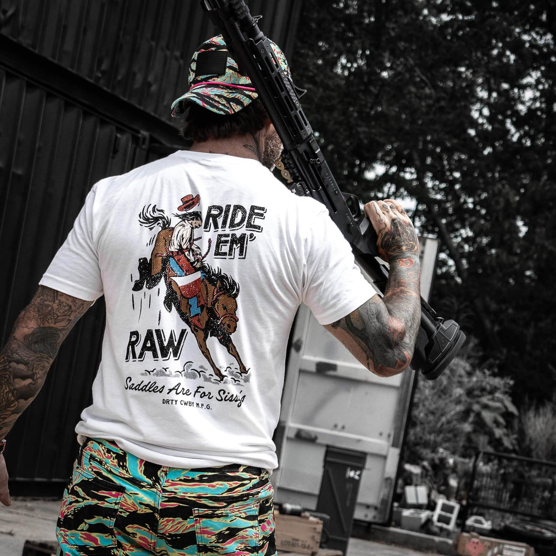 Ride 'Em Raw - Saddles Are For Sissy's Men's T-Shirt - One Revolver Surfboards