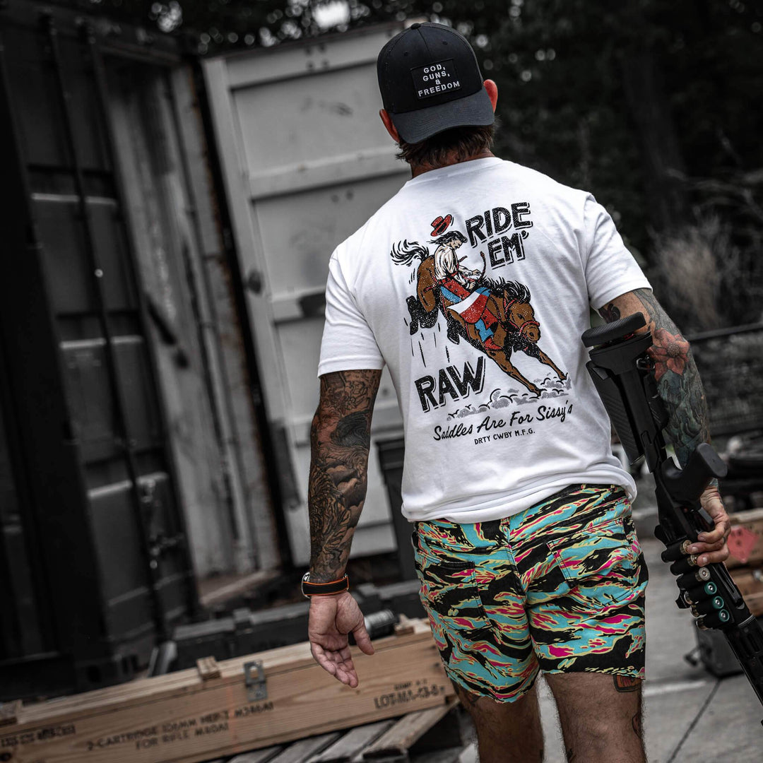 Ride 'Em Raw - Saddles Are For Sissy's Men's T-Shirt - One Revolver Surfboards