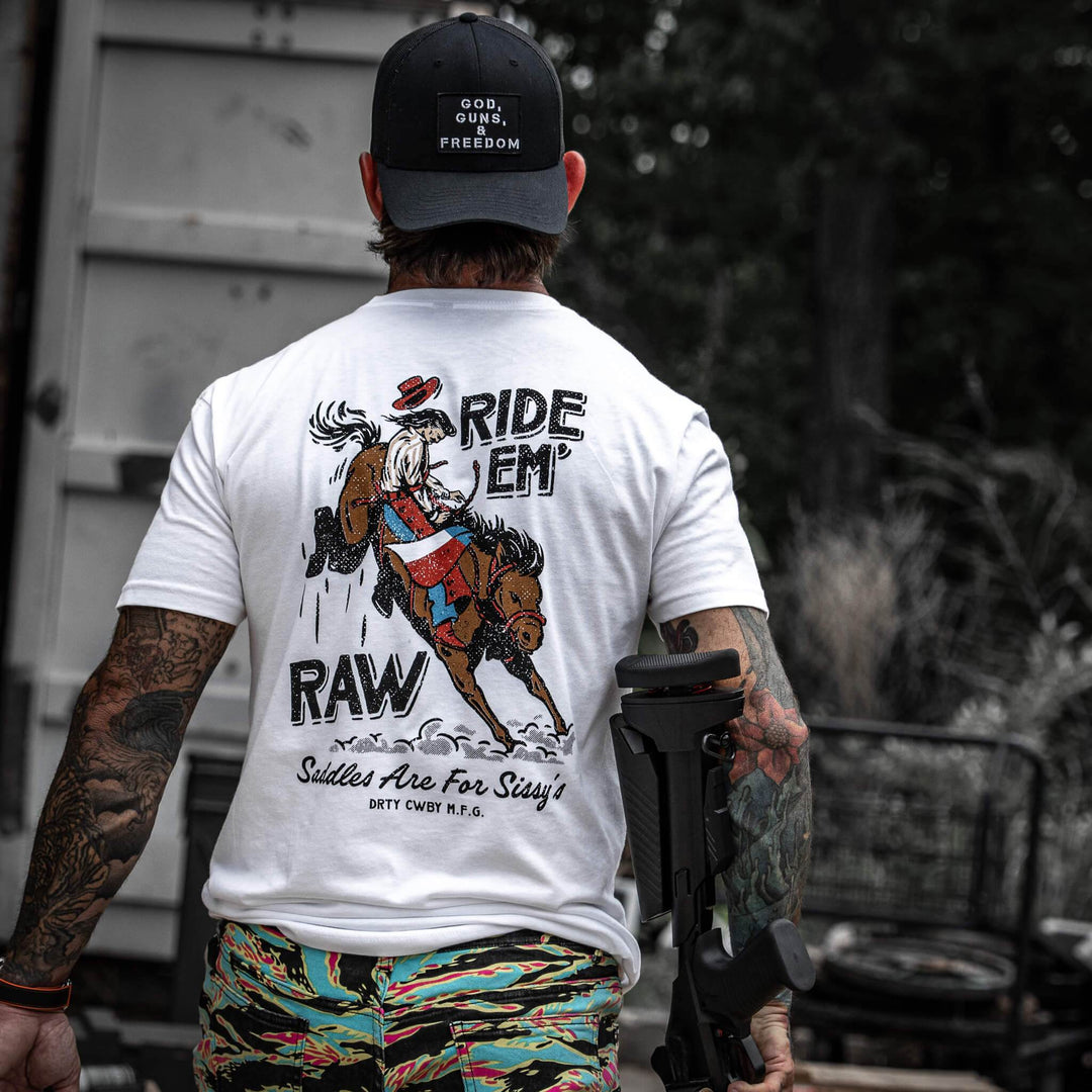 Ride 'Em Raw - Saddles Are For Sissy's Men's T-Shirt - One Revolver Surfboards