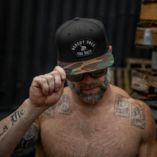 One Revolver Surfboards - Nobody Owes You Shit Arched Patch Flatbill SnapBack Hat HEADWEAR