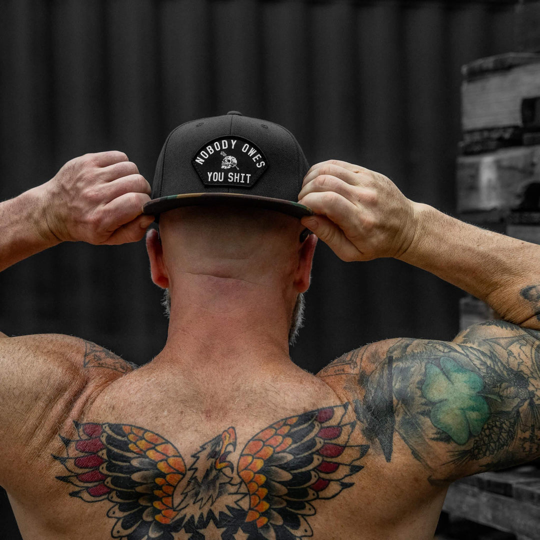 One Revolver Surfboards - Nobody Owes You Shit Arched Patch Flatbill SnapBack Hat HEADWEAR