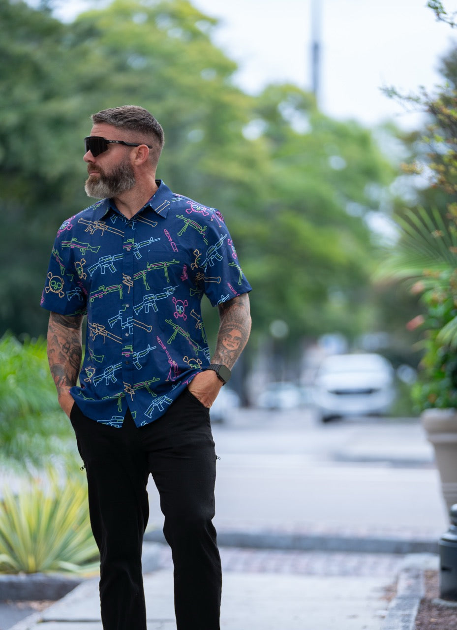 Neon Lights &amp; Gun Fights Button-up