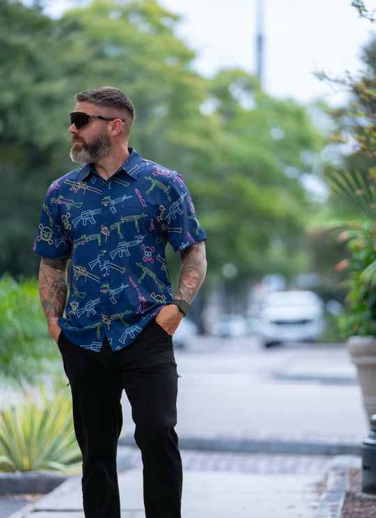 Neon Lights &amp; Gun Fights Button-up