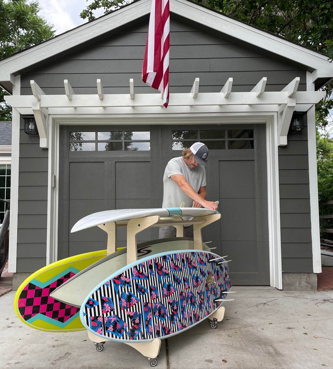 THE DROP IN surfboard storage work bench - One Revolver Surfboards