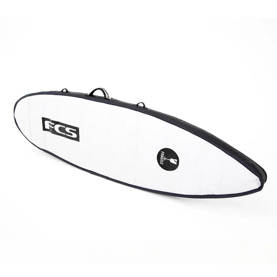 a white and black surfboard with black trim