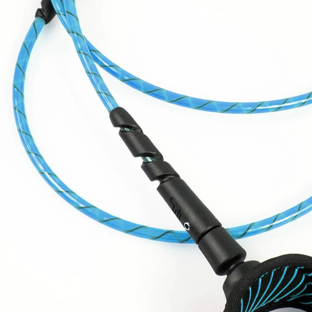 a close up of a black and blue cord on a white surface