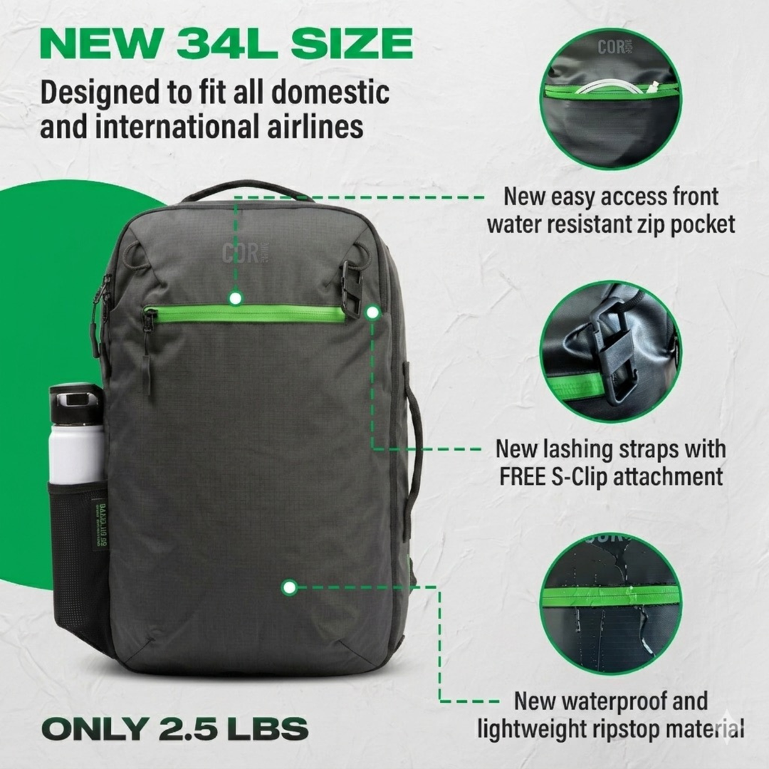 Island Hopper 2.0 Travel Backpack – New Matte Black | Lightweight Waterproof 28L &amp; 34L