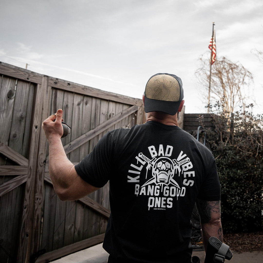 One Revolver Surfboards - Kill Bad Vibes. Bang Good Ones Skull Men&