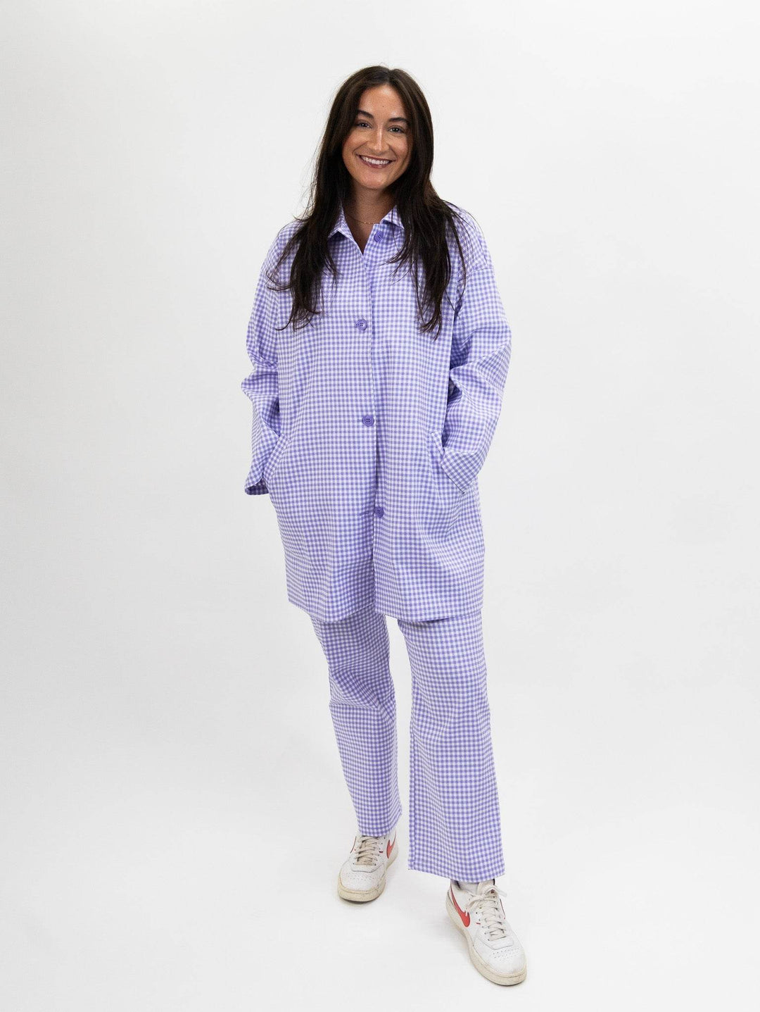 Compania Fantastica Straight lilac gingham check pants & Lilac gingham neoprene trench coat - One Revolver Surfboards