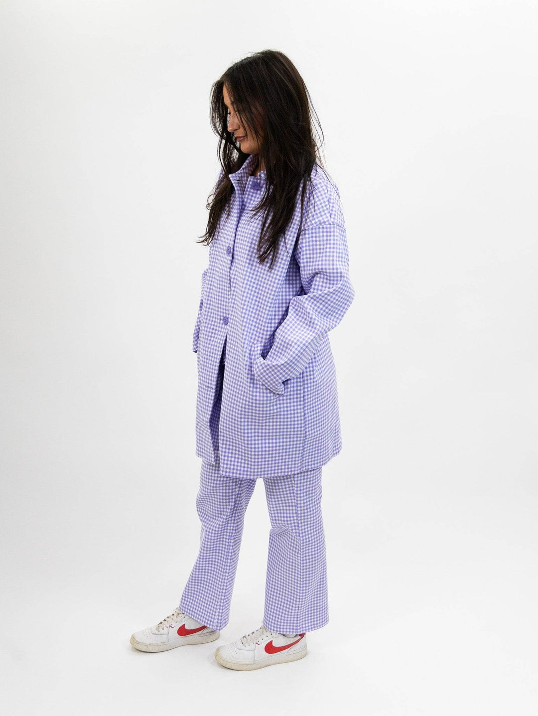Compania Fantastica Straight lilac gingham check pants & Lilac gingham neoprene trench coat - One Revolver Surfboards