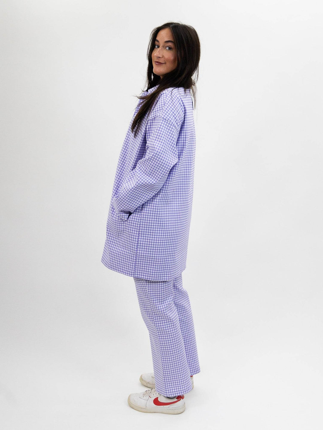 Compania Fantastica Straight lilac gingham check pants & Lilac gingham neoprene trench coat - One Revolver Surfboards