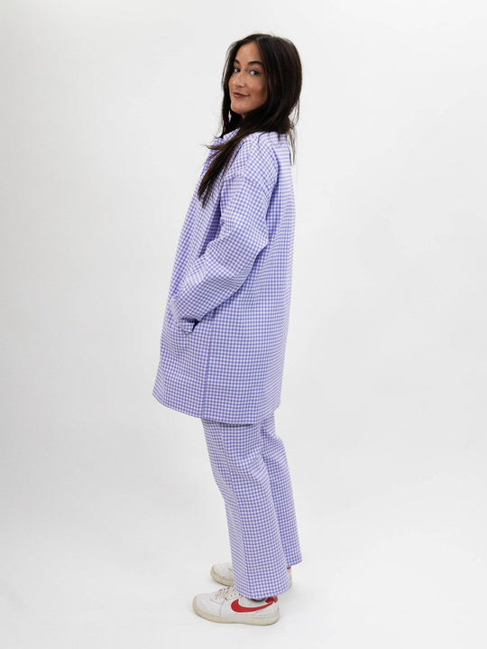 Compania Fantastica Straight lilac gingham check pants & Lilac gingham neoprene trench coat - One Revolver Surfboards