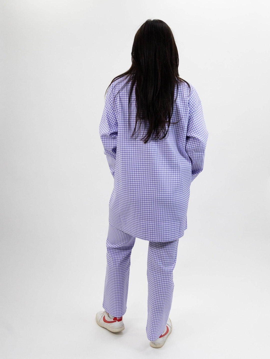 Compania Fantastica Straight lilac gingham check pants & Lilac gingham neoprene trench coat - One Revolver Surfboards