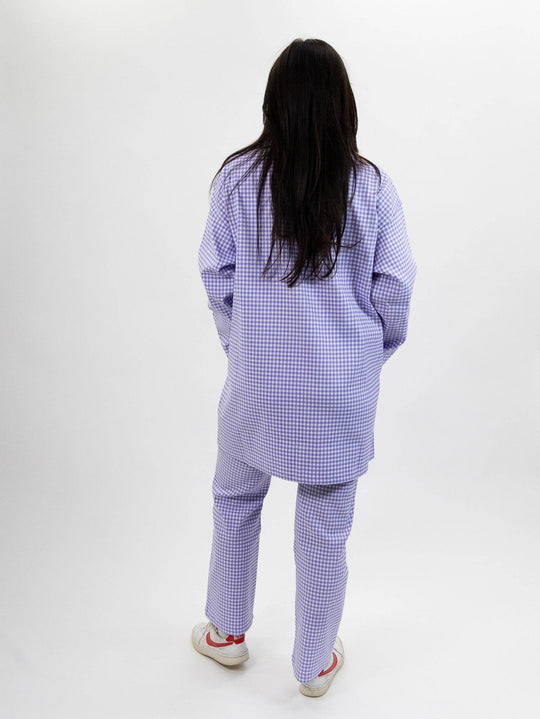 Compania Fantastica Straight lilac gingham check pants & Lilac gingham neoprene trench coat - One Revolver Surfboards